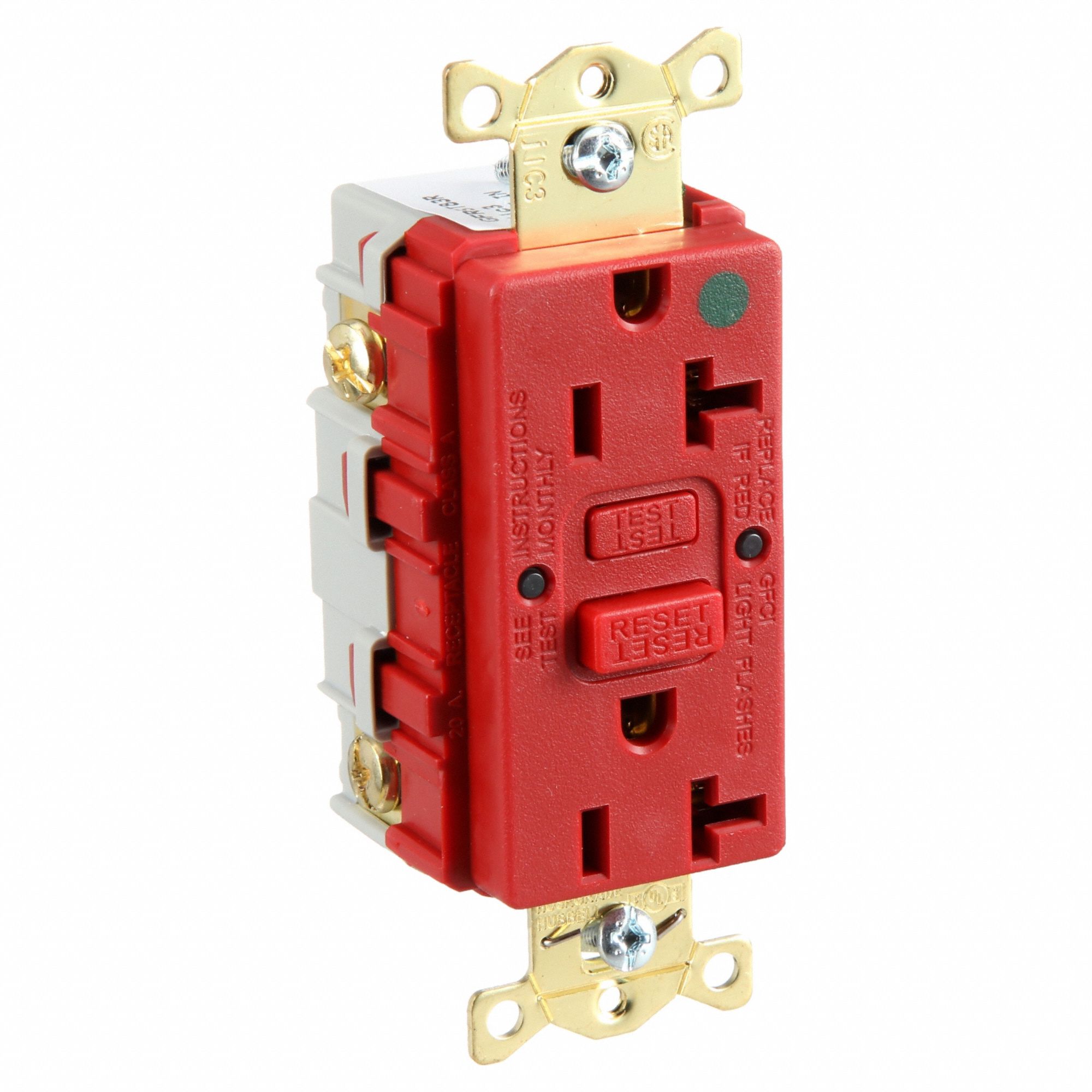 GFCI Receptacle: Duplex, 5-20R, 20 A, 125V AC, Red, 2 Pole / 3 Wire Poles & Wires