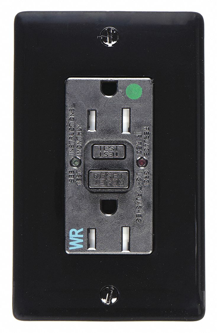 GFCI Receptacle: Duplex, 5-15R, 15 A, 125V AC, Black, 2 Pole / 3 Wire Poles & Wires