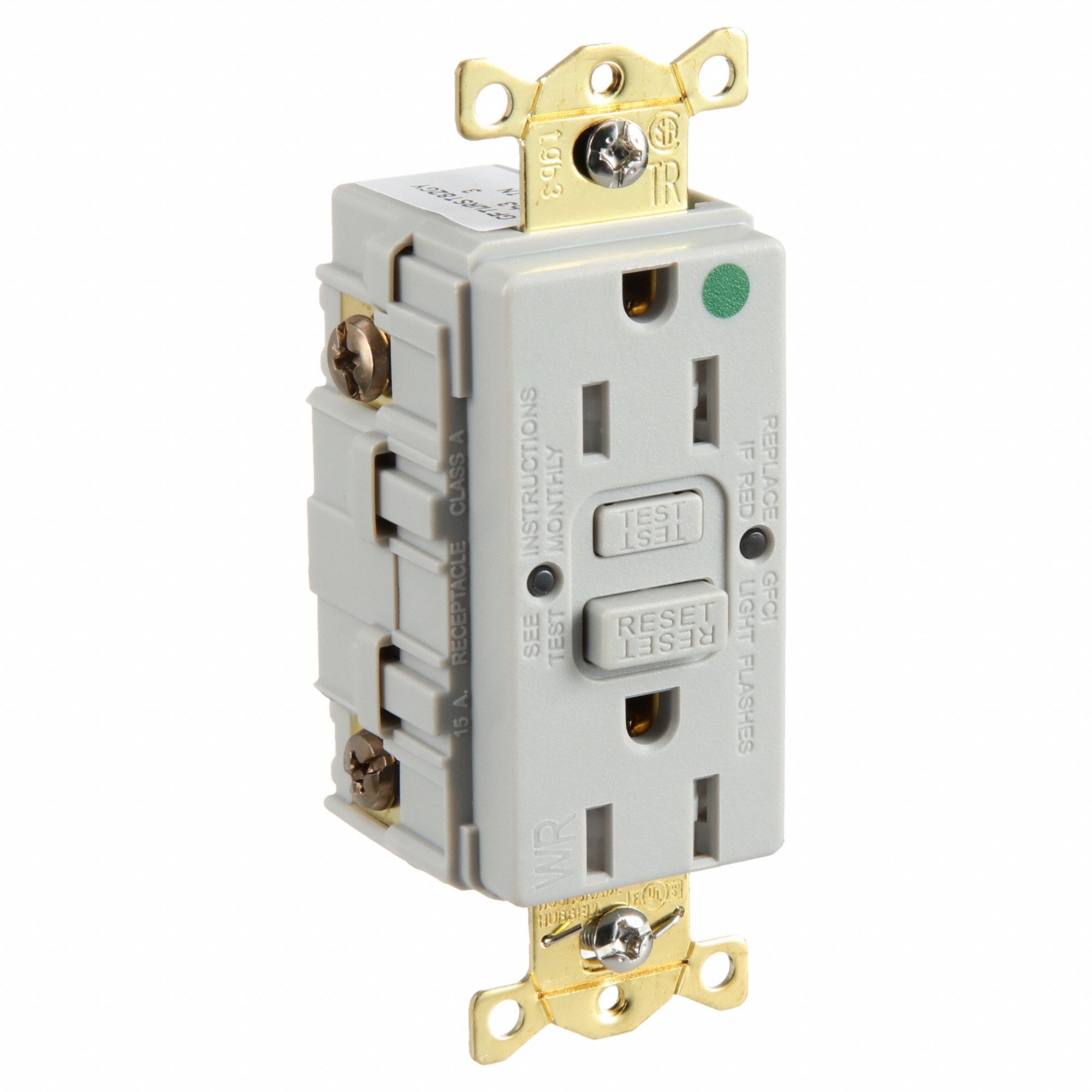 GFCI Receptacle: Duplex, 5-15R, 15 A, 125V AC, Gray, 2 Pole / 3 Wire Poles & Wires