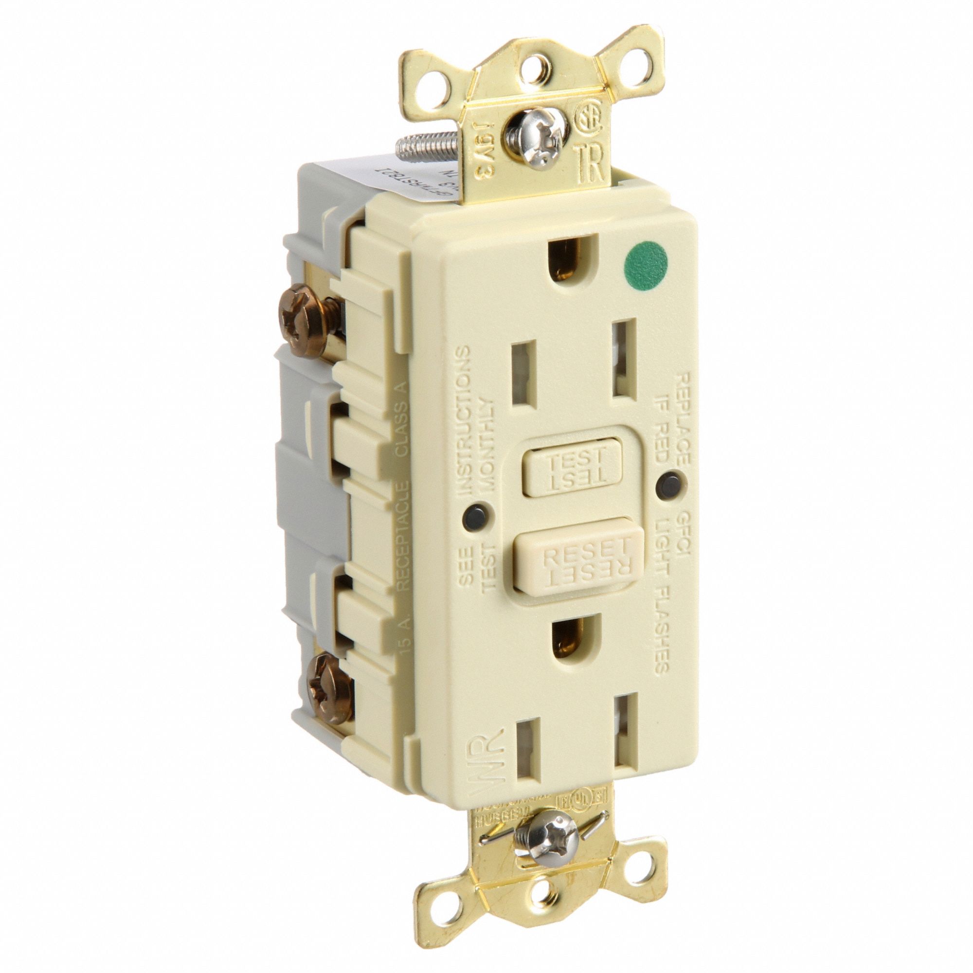 GFCI RECEPTACLE, DUPLEX, 5-15R, 15 A, 125V AC, IVORY, 2 POLE/3 WIRE POLES AND WIRES