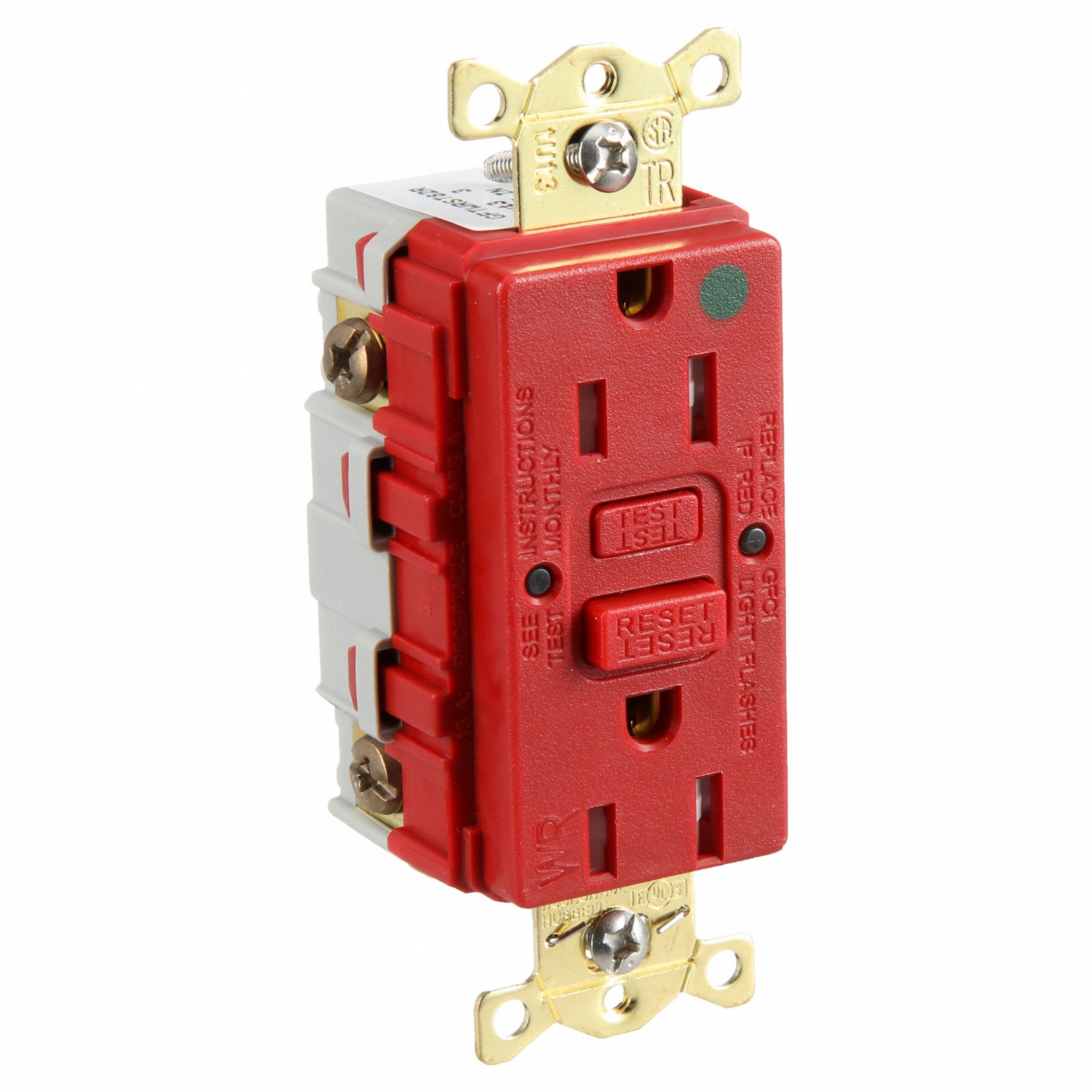 GFCI Receptacle: Duplex, 5-15R, 15 A, 125V AC, Red, 2 Pole / 3 Wire Poles & Wires