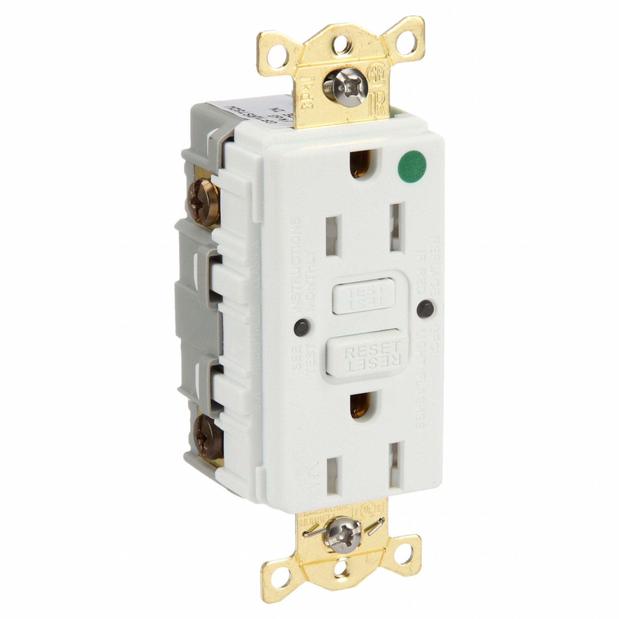 GFCI Receptacle: Duplex, 5-15R, 15 A, 125V AC, White, 2 Pole / 3 Wire Poles & Wires