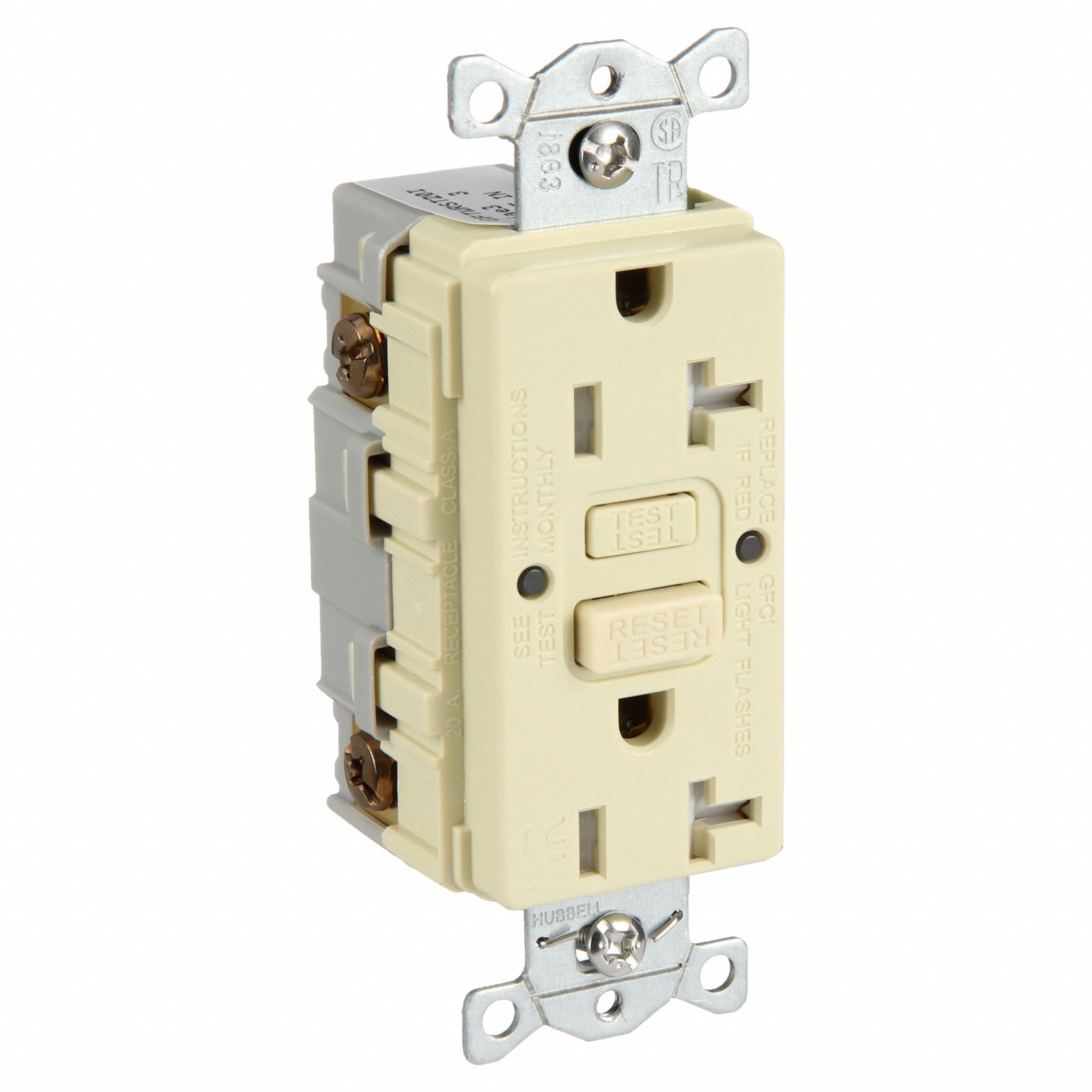 GFCI Receptacle: Duplex, Ivory, 5-20R, 20 A, 125V AC, 2 Pole / 3 Wire, Screw Terminals