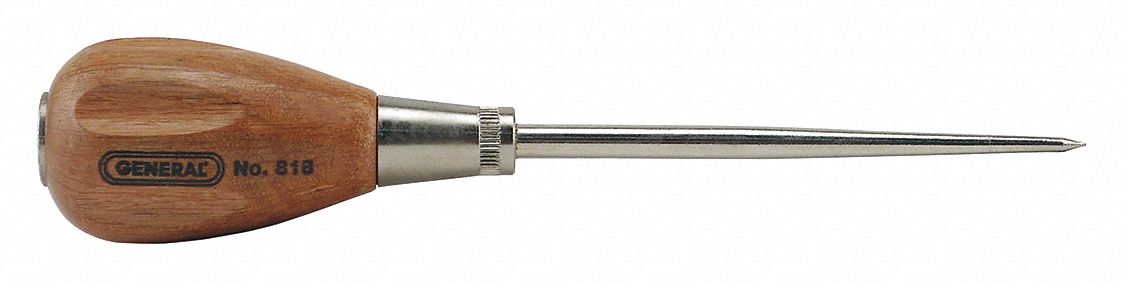 Scratch Awl: 6 1/2 in Overall Lg, Fluted Handle, Wood, 3 3/4 in Handle Lg