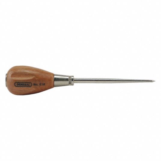 Scratch Awl: 6 1/2 in Overall Lg, Fluted Handle, Wood, 3 3/4 in Handle Lg