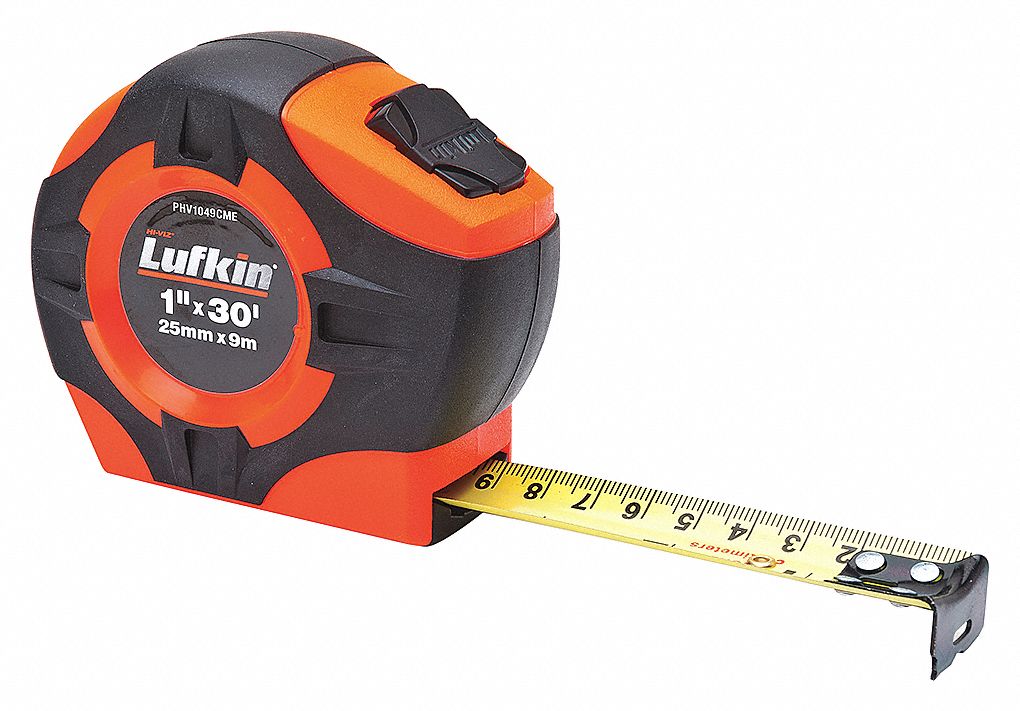 TAPE MEASURE, HI-VIS, TOGGLE LOCK, YELLOW/ORANGE, 30 FT X 1 IN, RUBBER/STEEL