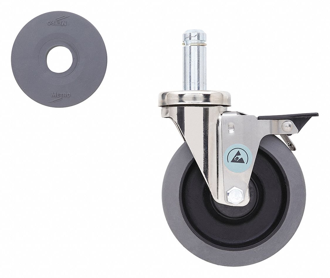 REPLACEMENT CASTER FOR WIRE SHELVING, 5 IN WHEEL DIA, 200 LB, 6 1/16 IN MOUNTING H, STD