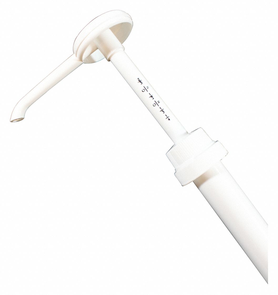 PUMP DISPENSER, PLASTIC, WHITE, 15¾ IN OVERALL H, LIQUID