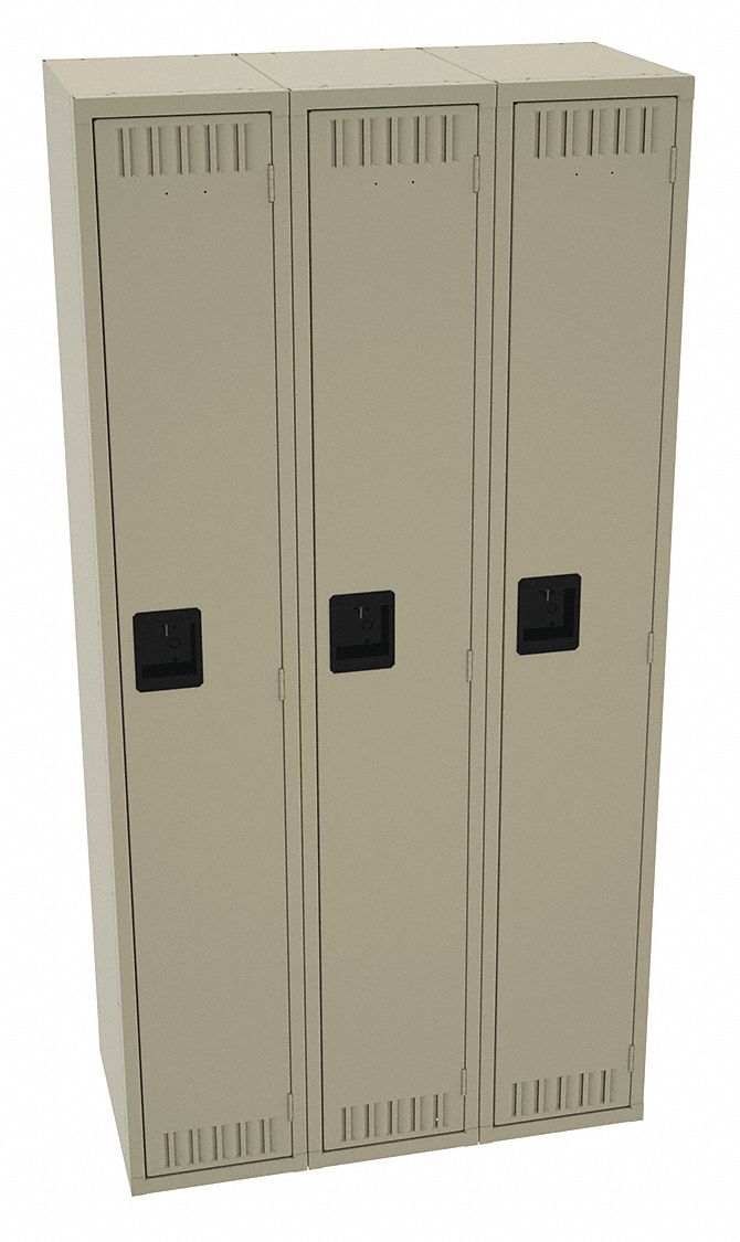 Wardrobe Locker: 36 in x 18 in x 72 in, Louvered, 1 Tiers, 3 Units Wide, Padlock Hasp, Tan