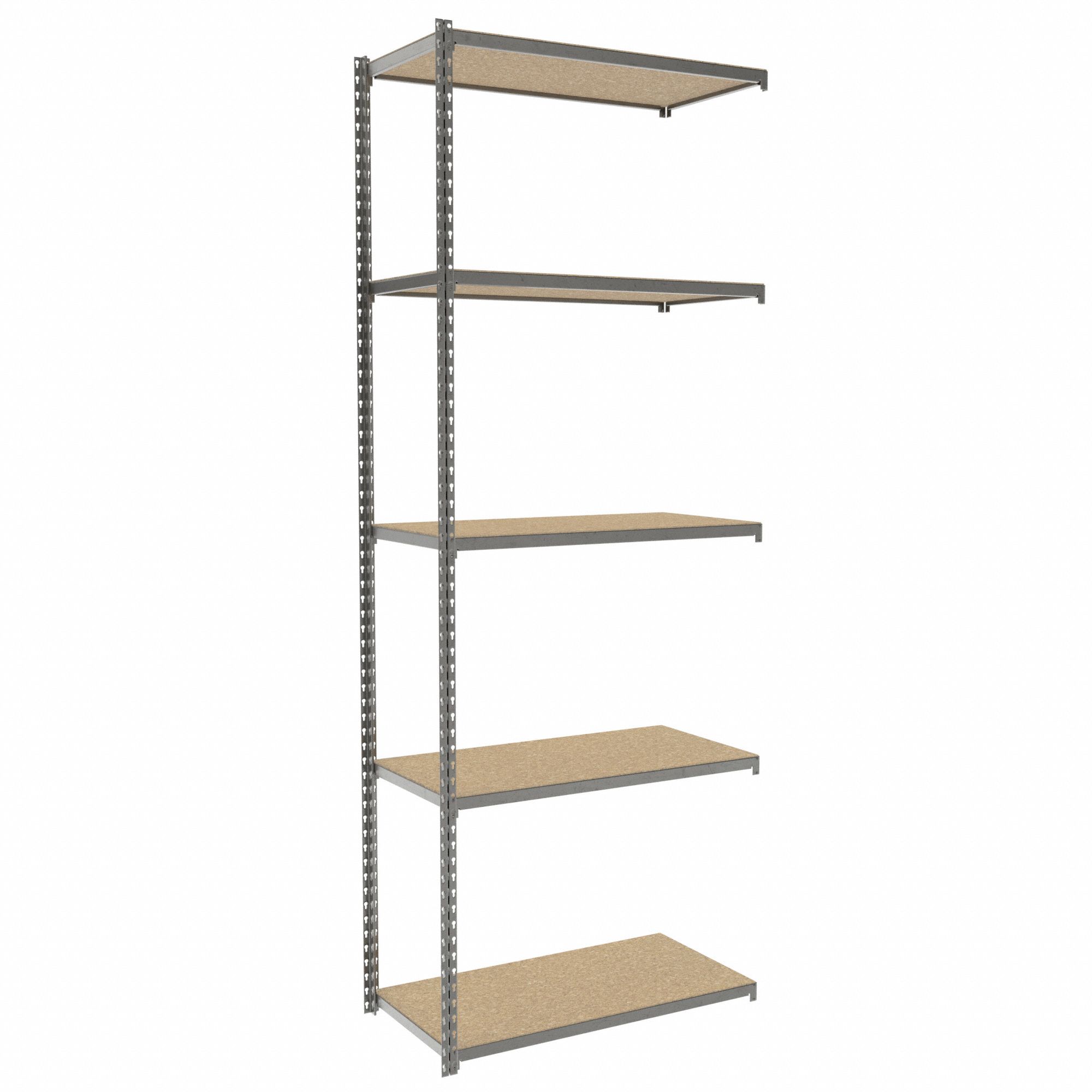 Boltless Shelving: Add-On, Light-Duty, 36 in x 18 in, 96 in Overall Ht, 5 Shelves