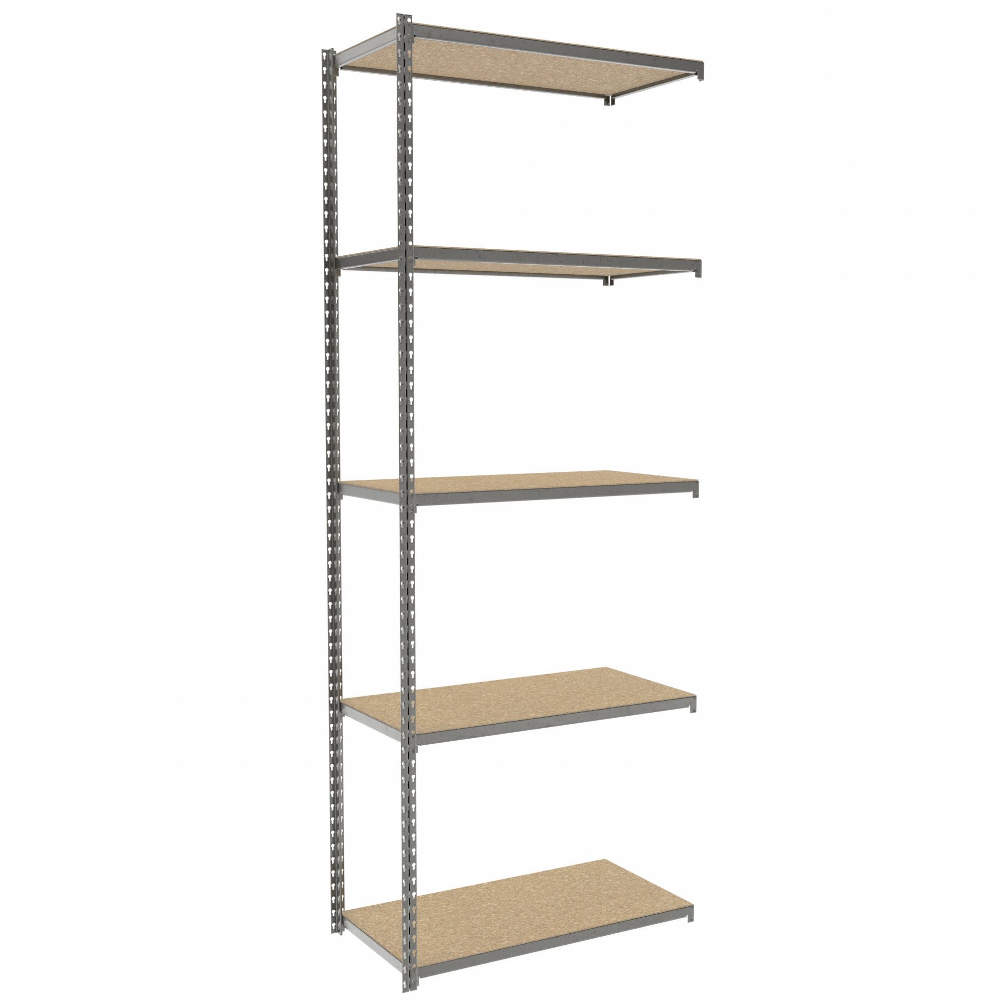 Boltless Shelving: Add-On, Light-Duty, 48 in x 18 in, 96 in Overall Ht, 5 Shelves
