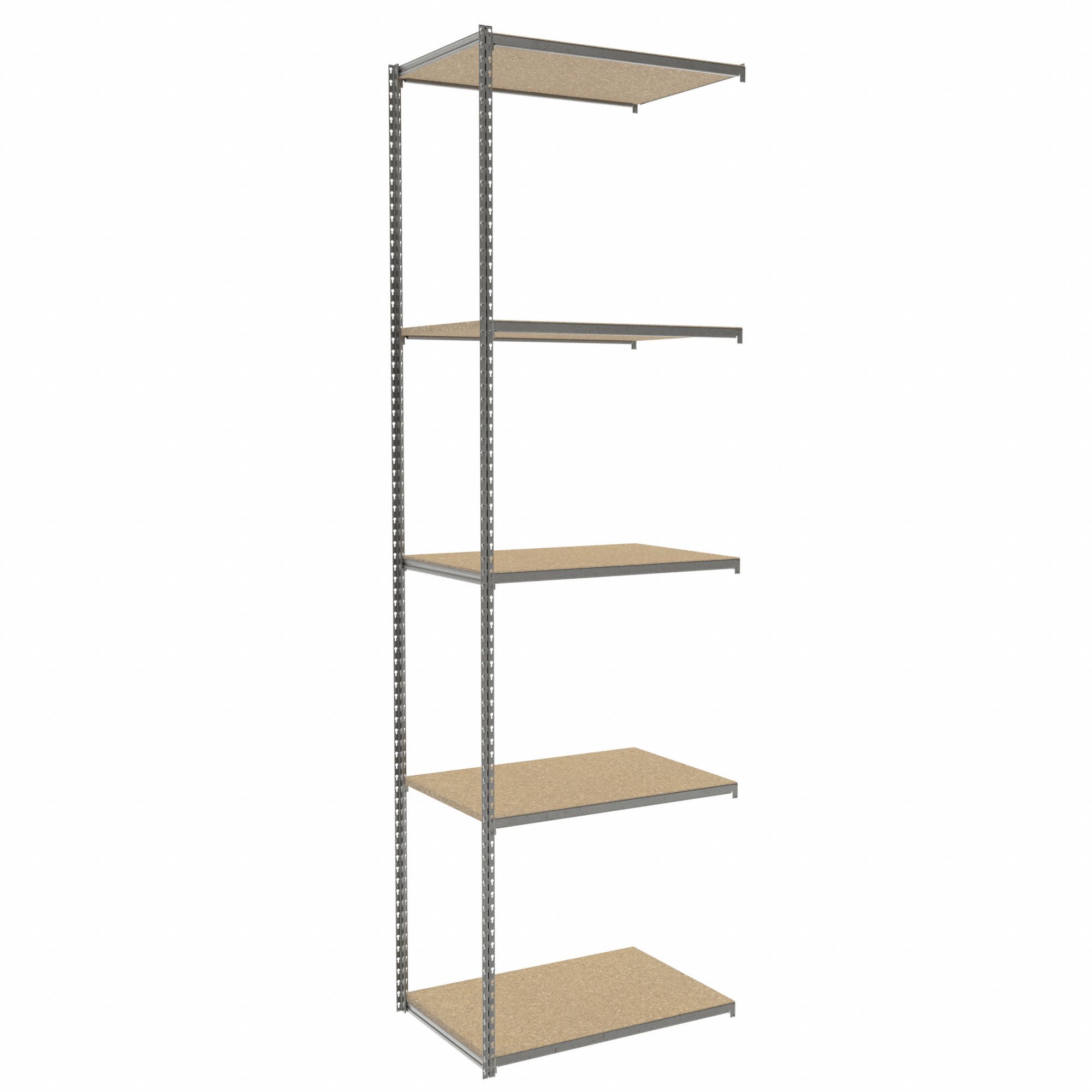 Boltless Shelving: Add-On, Light-Duty, 36 in x 24 in, 120 in Overall Ht, 5 Shelves