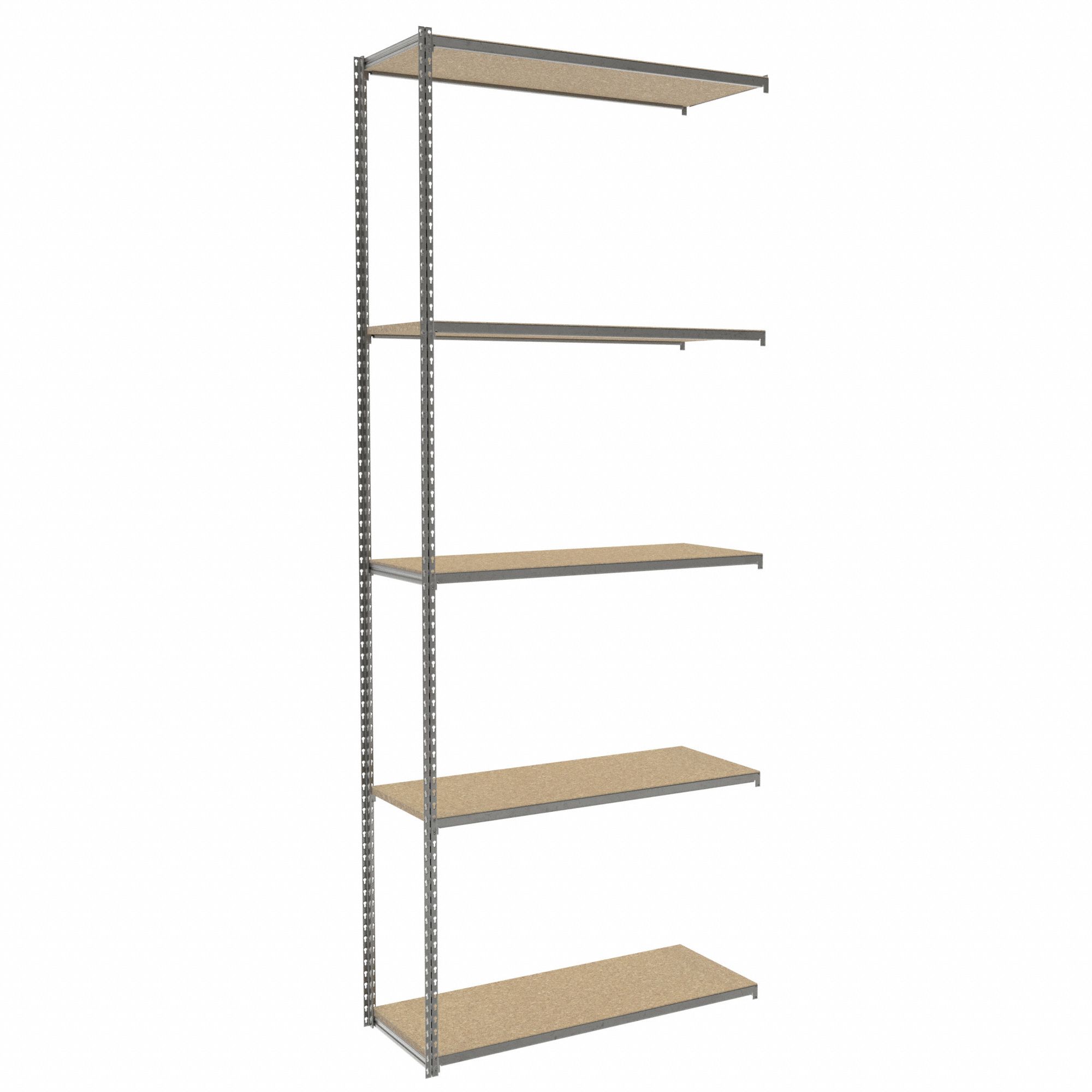 Boltless Shelving: Add-On, Light-Duty, 48 in x 18 in, 120 in Overall Ht, 5 Shelves