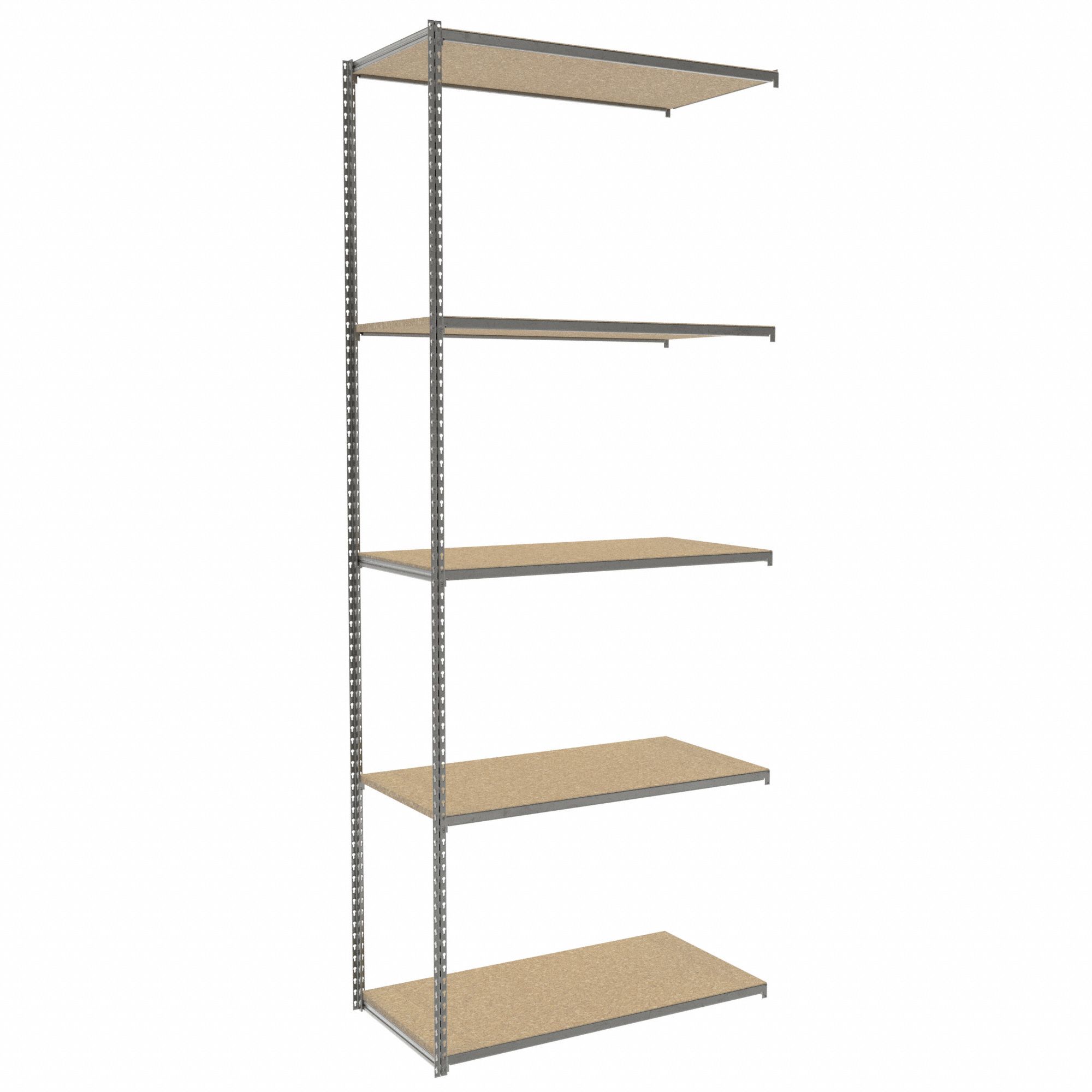 Boltless Shelving: Add-On, Light-Duty, 48 in x 24 in, 120 in Overall Ht, 5 Shelves