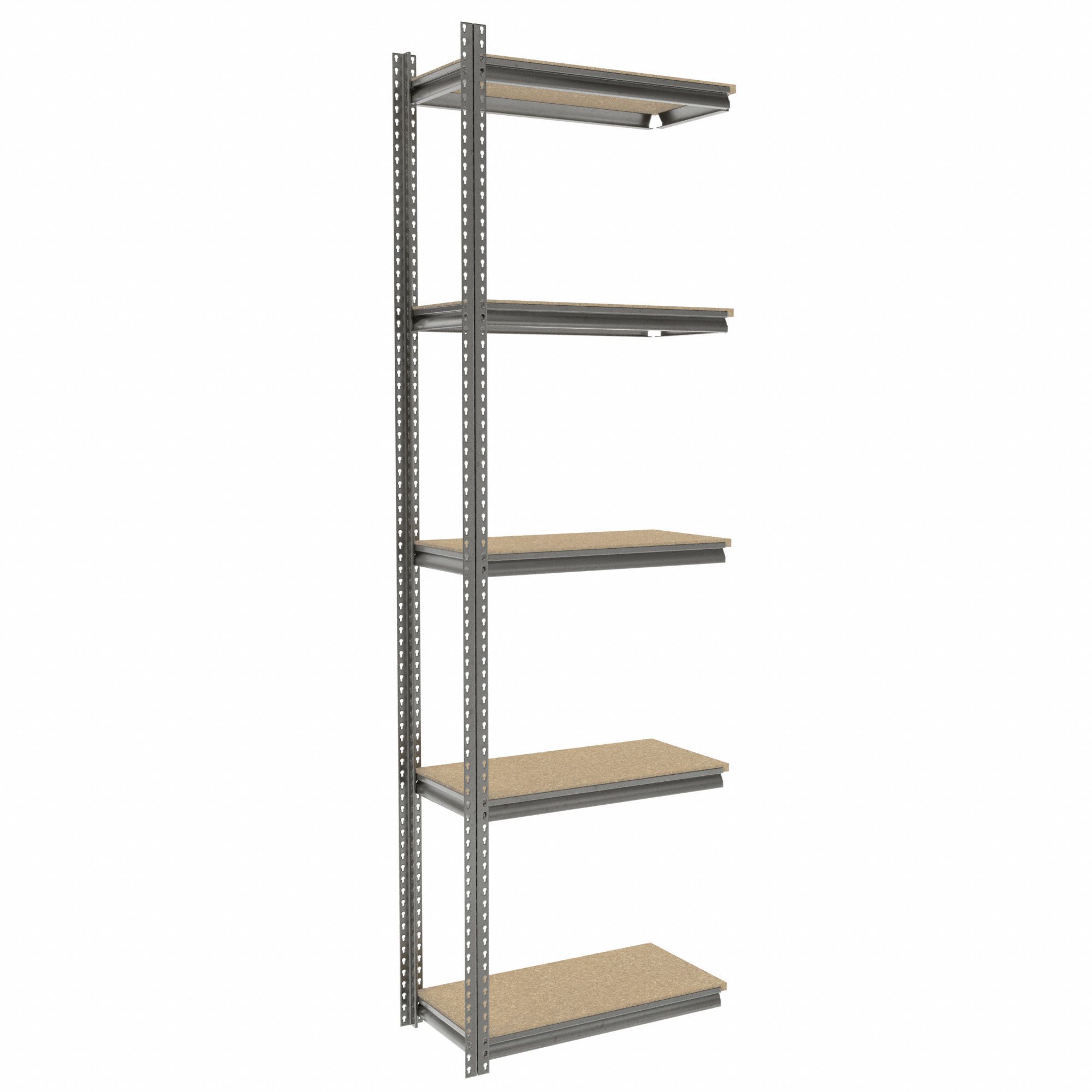 Boltless Shelving: Add-On, Medium-Duty, 36 in x 18 in, 120 in Overall Ht, 5 Shelves