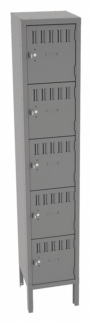 Box Locker: 12 in x 12 in x 66 in, 5 Tiers, 1 Units Wide, Louvered, Padlock Hasp, Gray, Gray