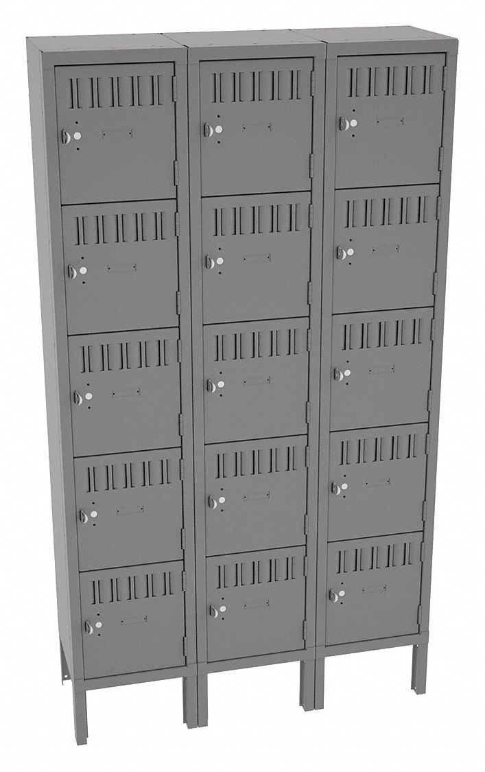 Box Locker: 36 in x 12 in x 66 in, 5 Tiers, 3 Units Wide, Louvered, Padlock Hasp, Gray, Gray