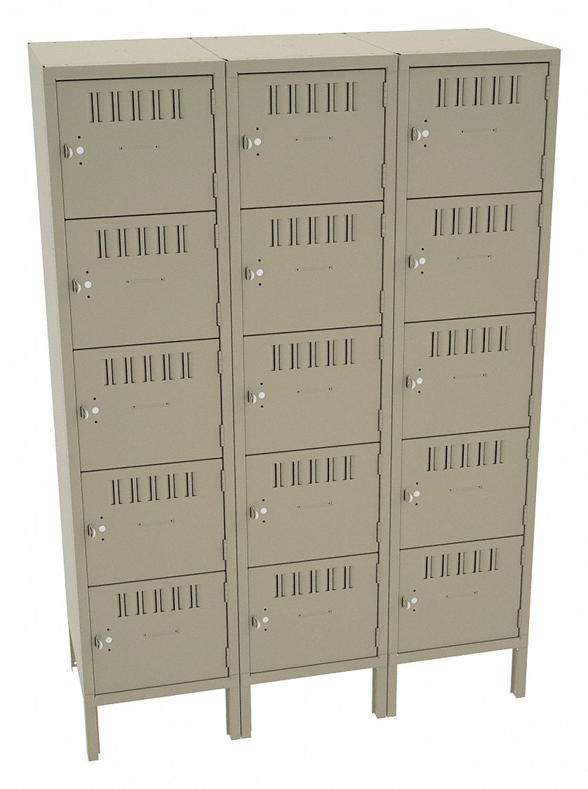 Box Locker: 45 in x 18 in x 66 in, 5 Tiers, 3 Units Wide, Louvered, Padlock Hasp, Tan, Tan