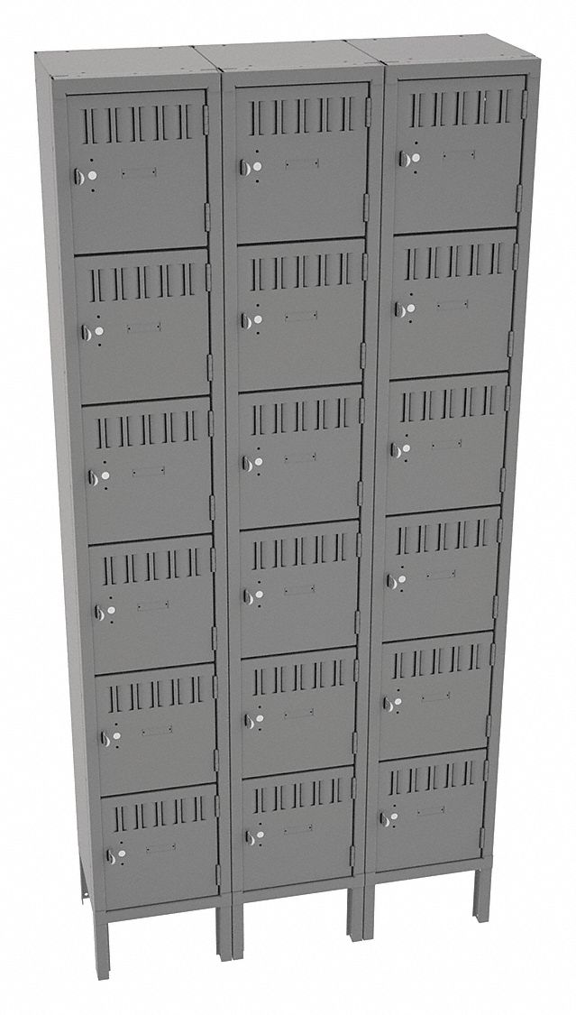 Box Locker: 36 in x 12 in x 78 in, 6 Tiers, 3 Units Wide, Louvered, Padlock Hasp, Gray, Gray