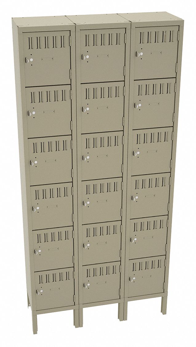 Box Locker: 36 in x 12 in x 78 in, 6 Tiers, 3 Units Wide, Louvered, Padlock Hasp, Tan, Tan