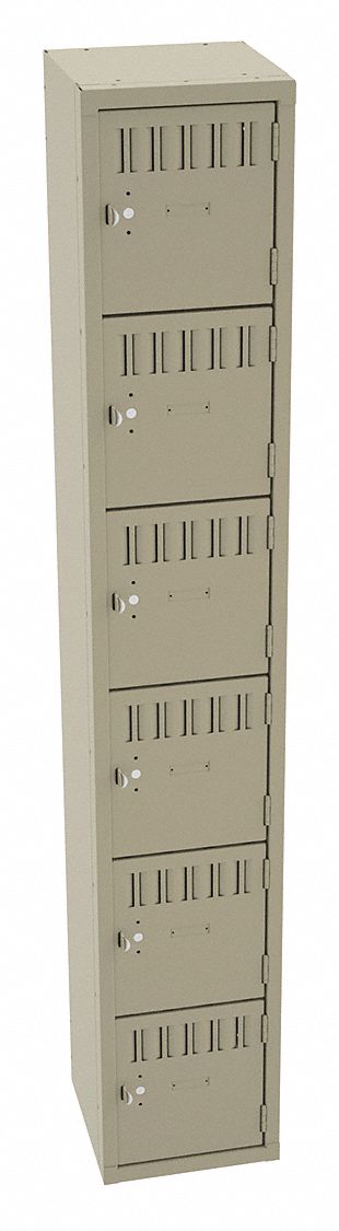 Box Locker: 12 in x 12 in x 72 in, 6 Tiers, 1 Units Wide, Louvered, Padlock Hasp, Tan, Tan
