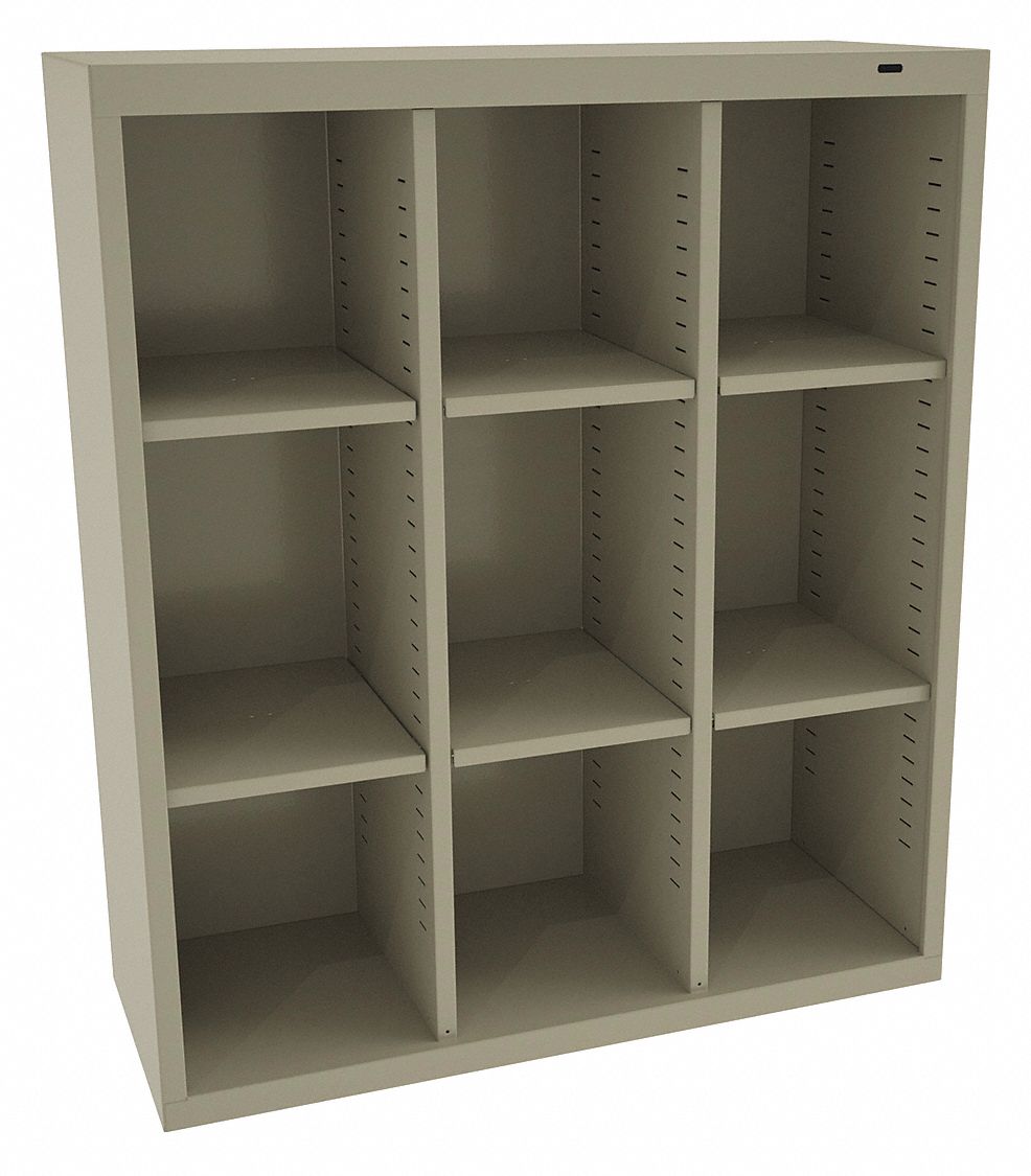 Cubby Cabinet: 34 1/2 in x 13 1/2 in x 42 in, 9 Compartments, 10 1/8 in x 13 1/2 in x 40 in