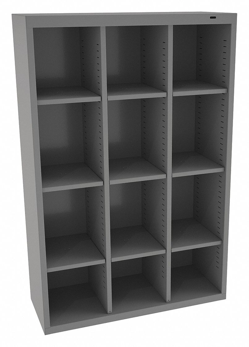 Cubby Cabinet: 34 1/2 in x 13 1/2 in x 54 in, 12 Compartments, 10 1/8 in x 13 1/2 in x 52 in