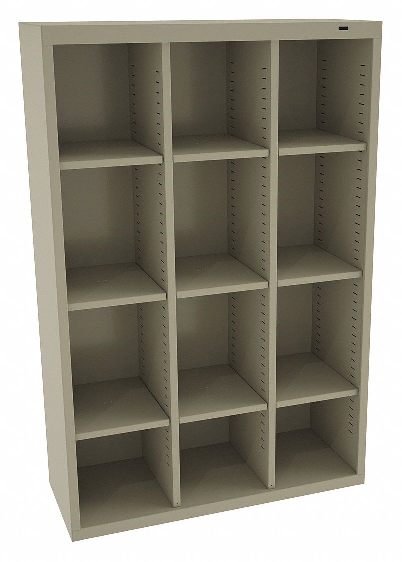 Cubby Cabinet: 34 1/2 in x 13 1/2 in x 54 in, 12 Compartments, 10 1/8 in x 13 1/2 in x 52 in