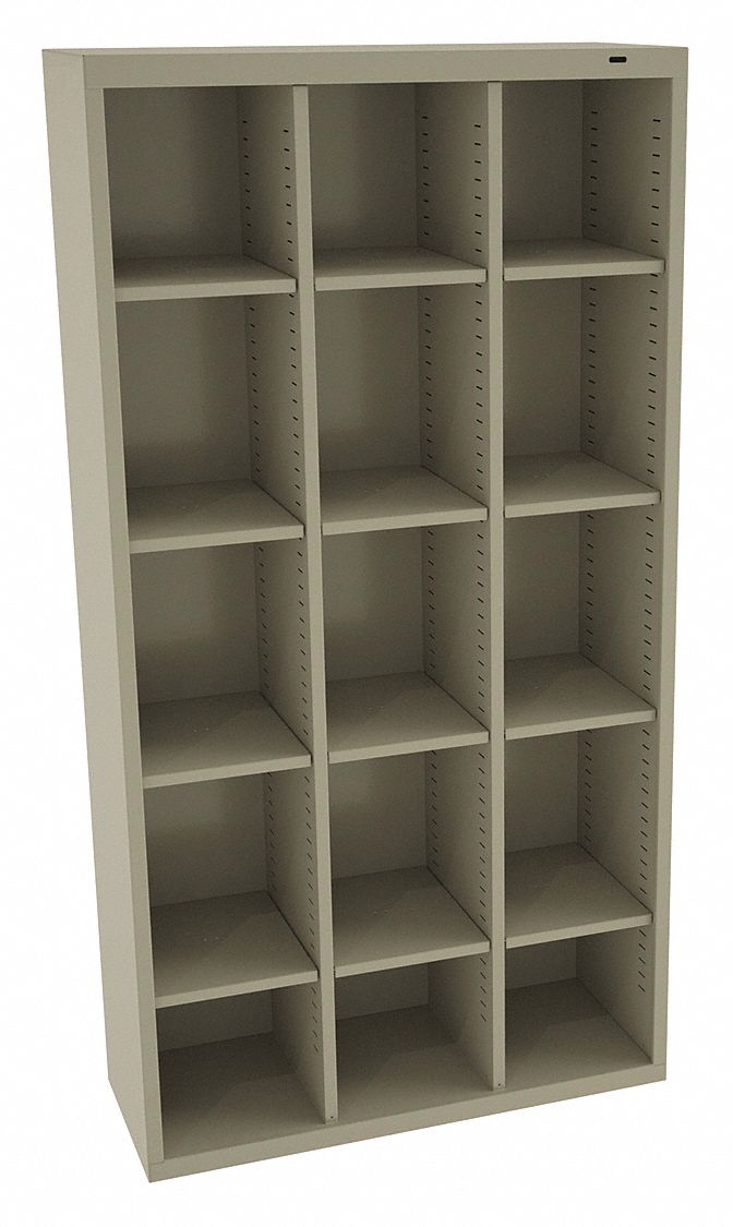 Cubby Cabinet: 34 1/2 in x 13 1/2 in x 66 in, 15 Compartments, 10 1/8 in x 13 1/2 in x 66 in