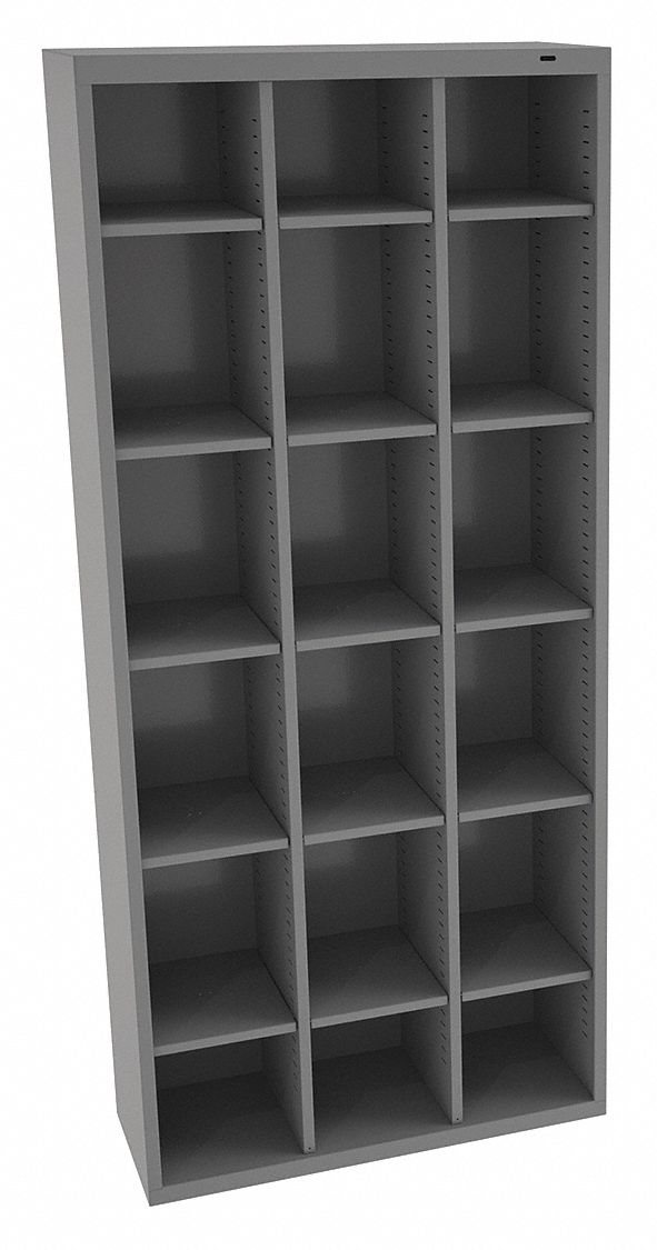 Cubby Cabinet: 34 1/2 in x 13 1/2 in x 78 in, 18 Compartments, 75 lb Load Capacity, Steel