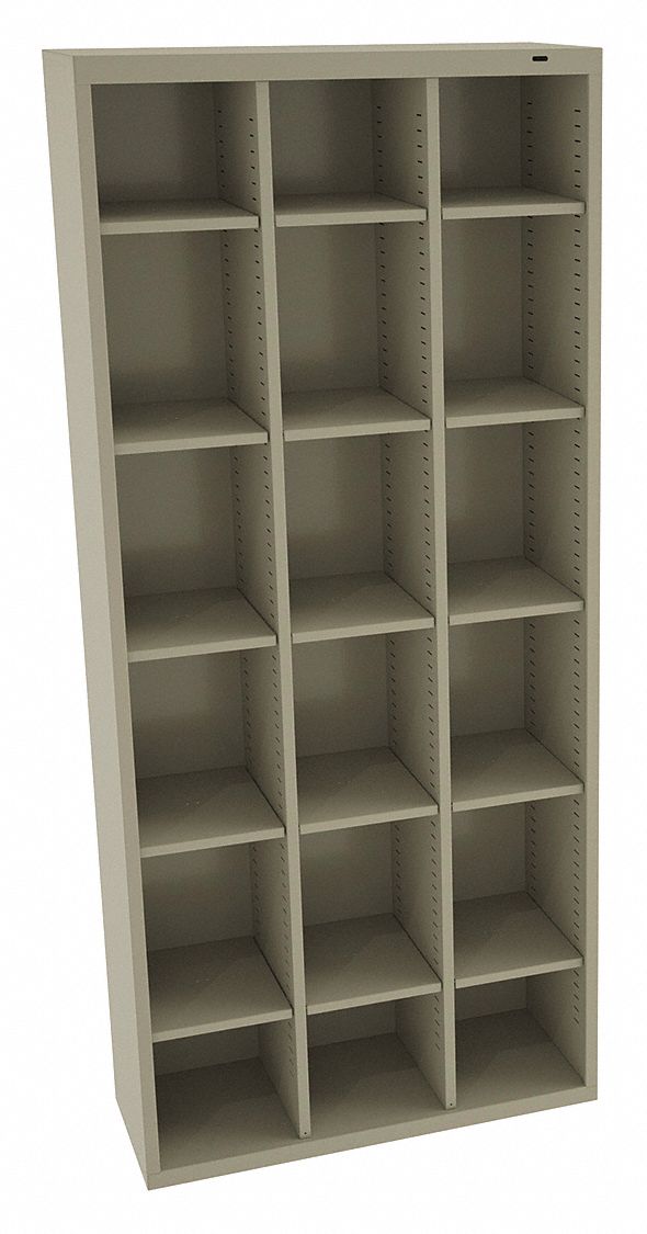 Cubby Cabinet: 34 1/2 in x 13 1/2 in x 78 in, 18 Compartments, 10 1/8 in x 13 1/2 in x 78 in