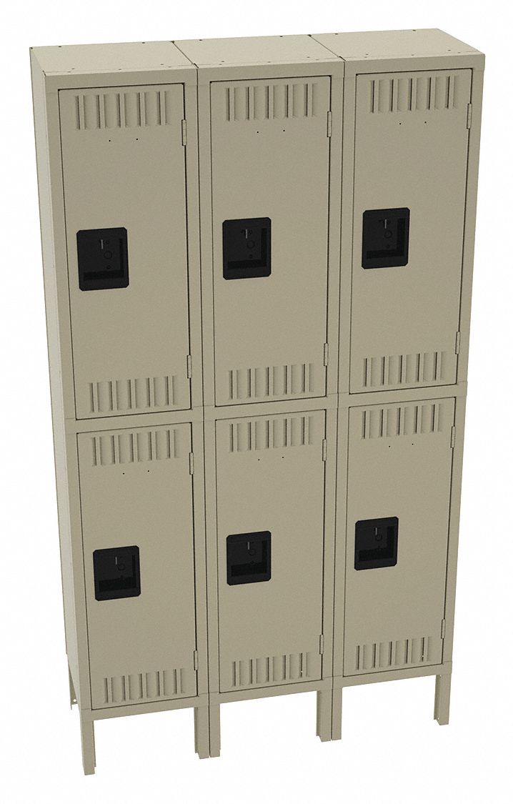 Wardrobe Locker: 36 in x 12 in x 66 in, Louvered, 2 Tiers, 3 Units Wide, Padlock Hasp, Tan