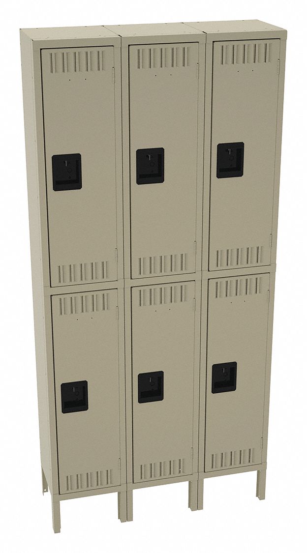 Wardrobe Locker: 36 in x 12 in x 78 in, Louvered, 2 Tiers, 3 Units Wide, Padlock Hasp, Tan
