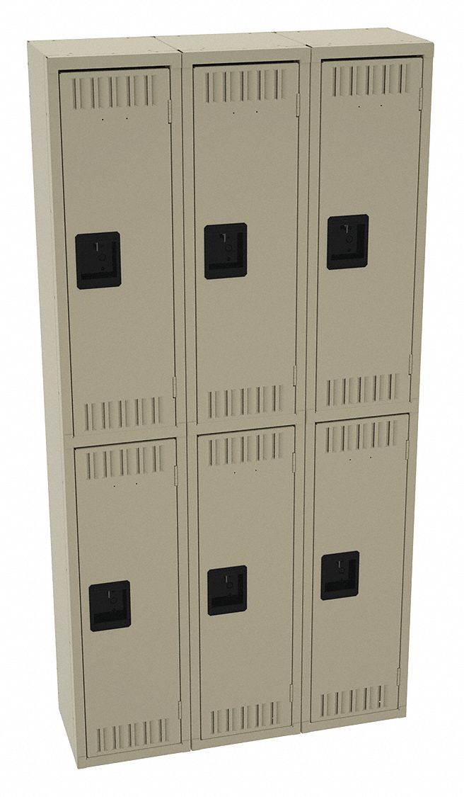 Wardrobe Locker: 36 in x 12 in x 72 in, Louvered, 2 Tiers, 3 Units Wide, Padlock Hasp, Tan