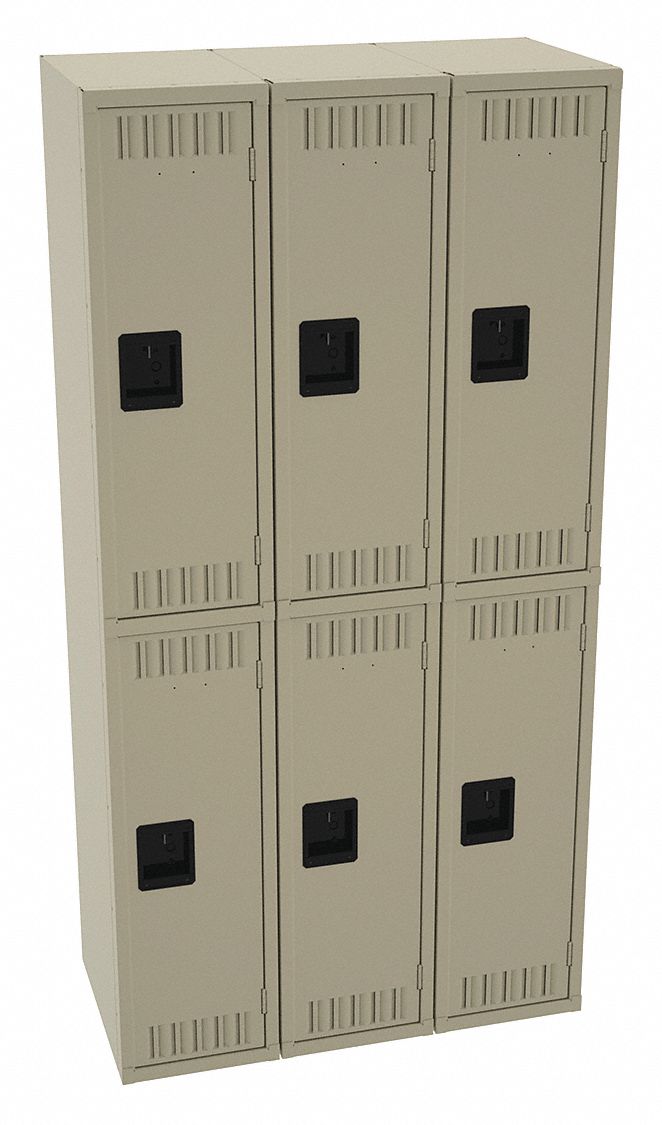 Wardrobe Locker: 36 in x 18 in x 72 in, Louvered, 2 Tiers, 3 Units Wide, Padlock Hasp, Tan