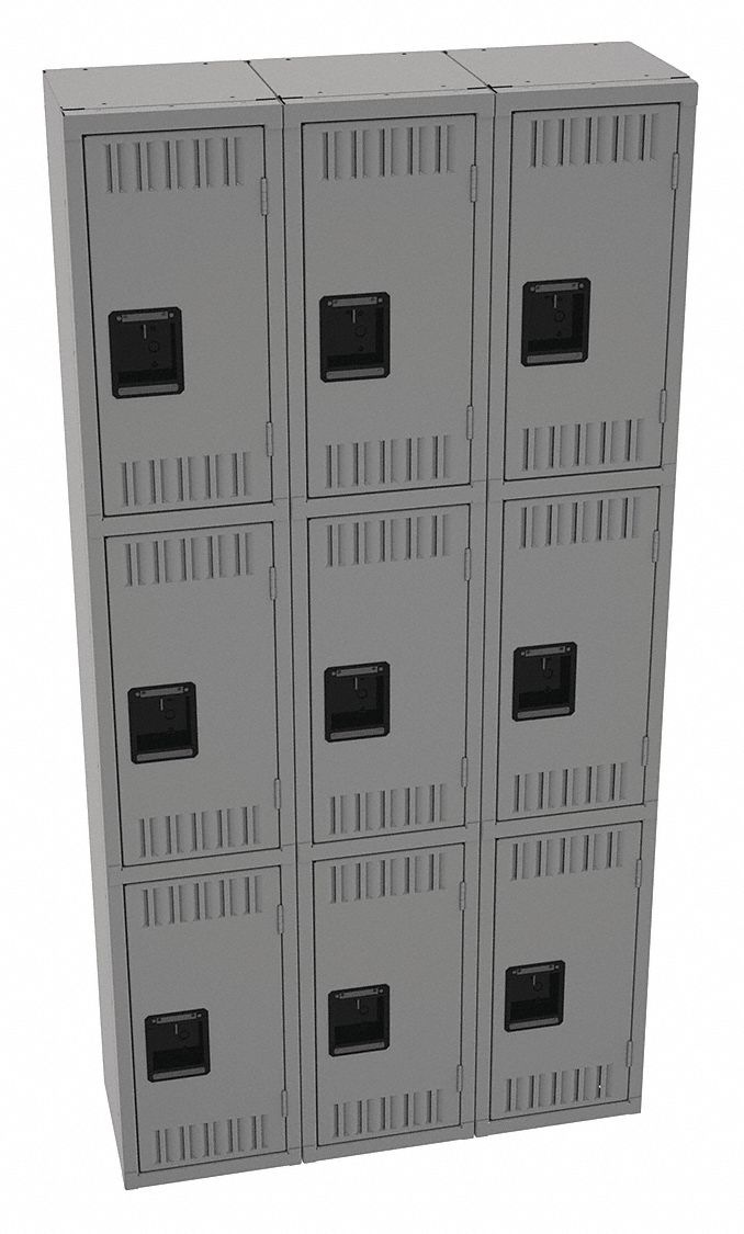 Wardrobe Locker: 36 in x 12 in x 72 in, Louvered, 3 Tiers, 3 Units Wide, Padlock Hasp, Steel