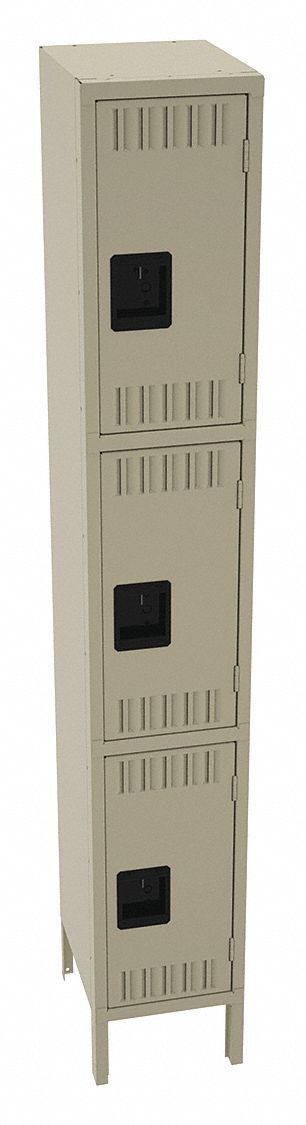 Wardrobe Locker: 12 in x 15 in x 78 in, Louvered, 3 Tiers, 1 Units Wide, Padlock Hasp, Tan