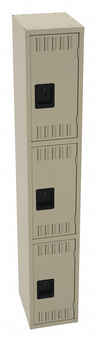 Wardrobe Locker: 12 in x 15 in x 72 in, Louvered, 3 Tiers, 1 Units Wide, Padlock Hasp, Tan