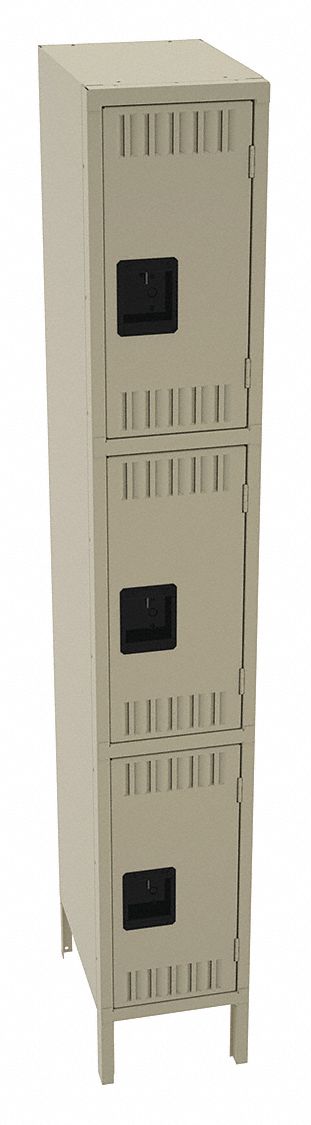Wardrobe Locker: 12 in x 18 in x 78 in, Louvered, 3 Tiers, 1 Units Wide, Padlock Hasp, Tan