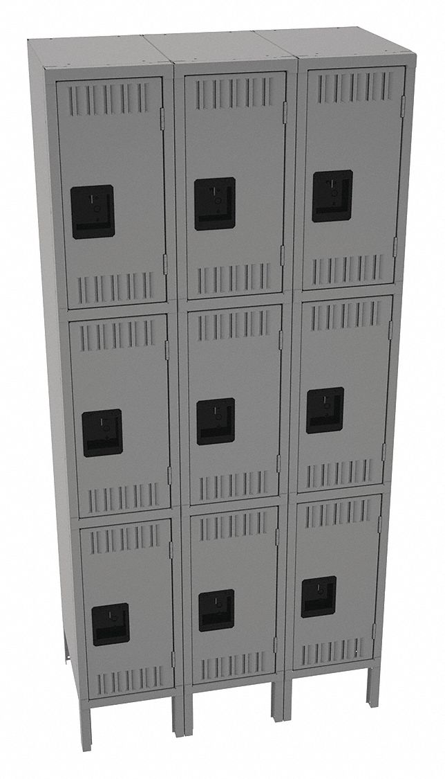 Wardrobe Locker: 36 in x 18 in x 78 in, Louvered, 3 Tiers, 3 Units Wide, Padlock Hasp, Steel