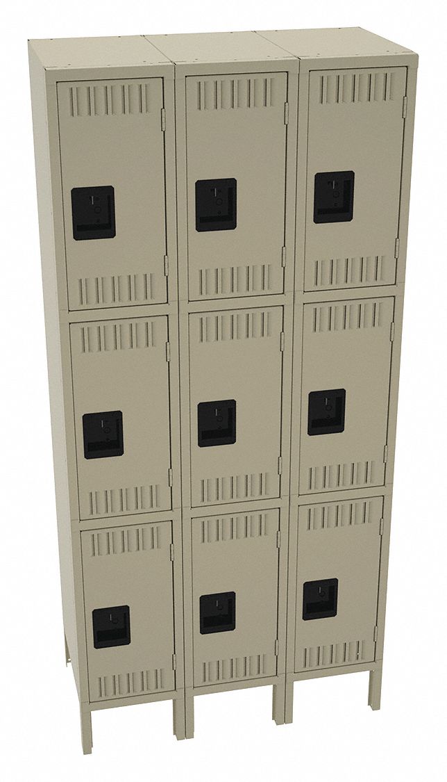 Wardrobe Locker: 36 in x 18 in x 78 in, Louvered, 3 Tiers, 3 Units Wide, Padlock Hasp, Tan