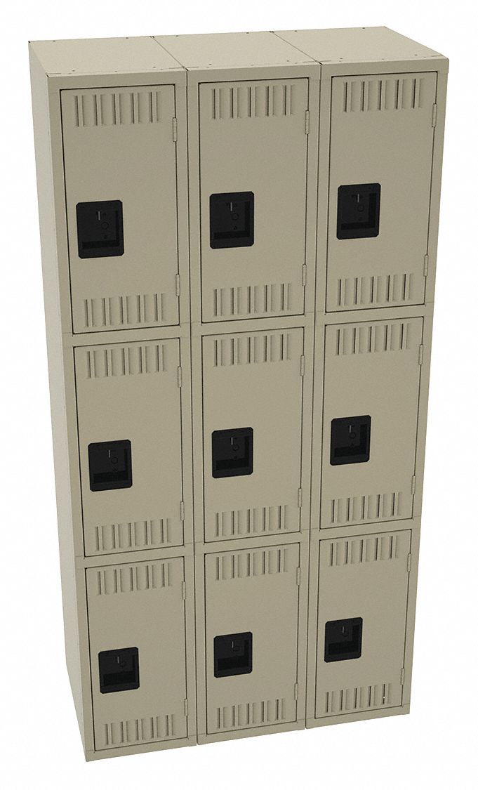 Wardrobe Locker: 36 in x 18 in x 72 in, Louvered, 3 Tiers, 3 Units Wide, Padlock Hasp, Tan