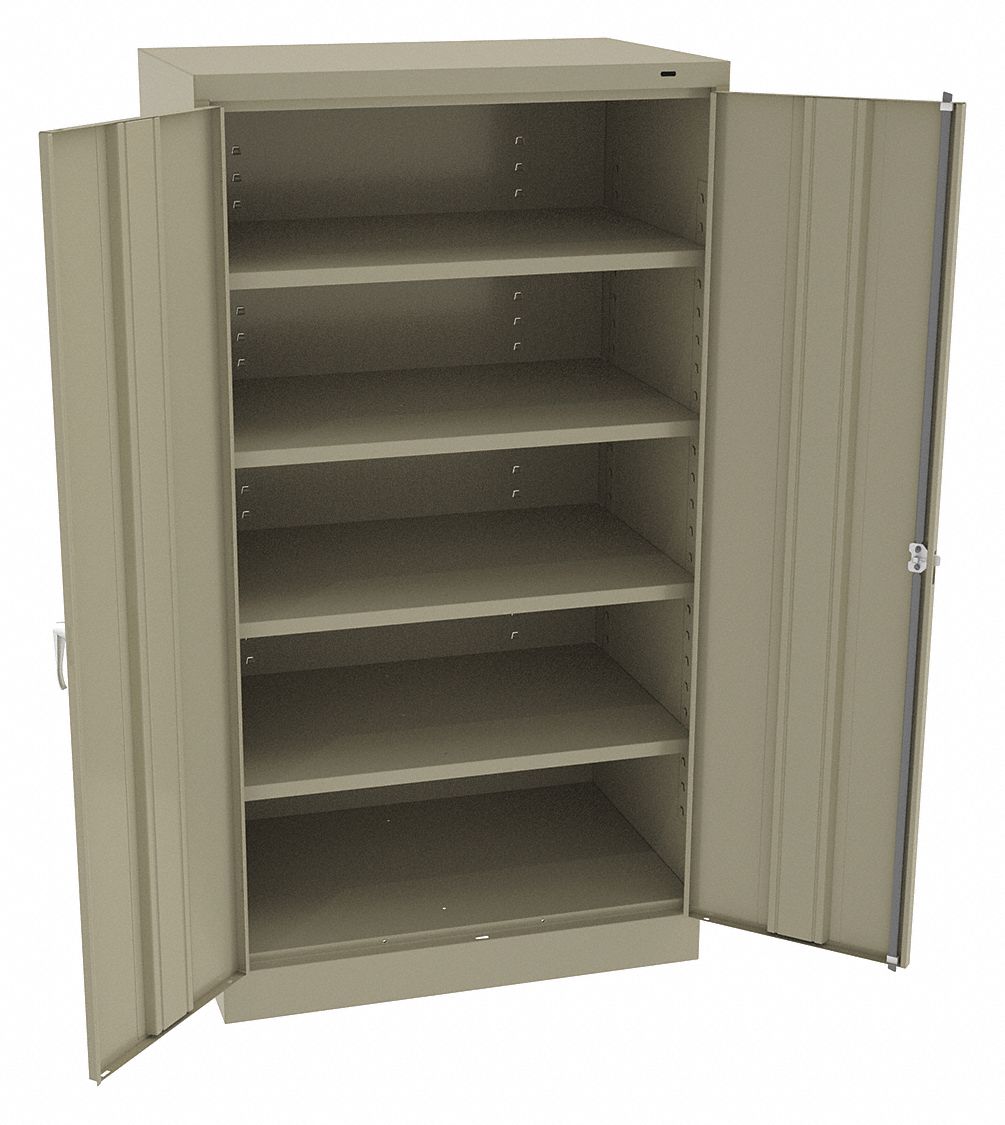 Storage Cabinet: 36 in x 24 in x 66 in, Swing  Handle & Keyed, 24 ga Panel Thick, Frame, Tan