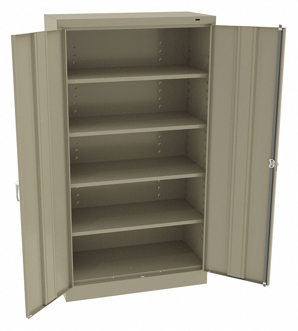 Storage Cabinet: 36 in x 18 in x 66 in, Swing  Handle & Keyed, 24 ga Panel Thick, Frame, Tan