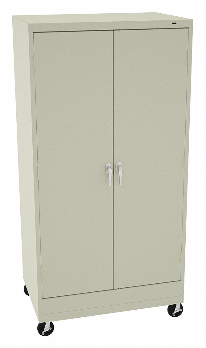 Storage Cabinet: Casters, 36 in x 24 in x 73 in, Swing, Keyed, 4 Shelves, Adj, Putty, Steel