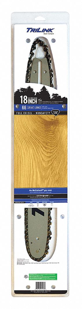 Chainsaw Bar and Chain: 18 in Compatible Bar Lg, 3/8 in, 0.05 in Gauge, 66 Links