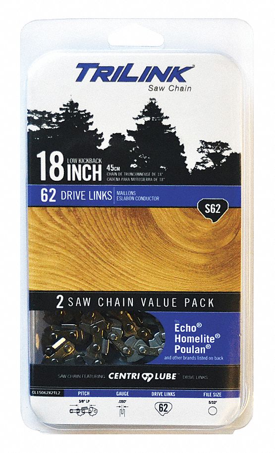 Replacement Saw Chain: 18 in Bar Lg, 5/32 in File Size, 0.05 in Gauge, 3/8 in LP, 2 PK