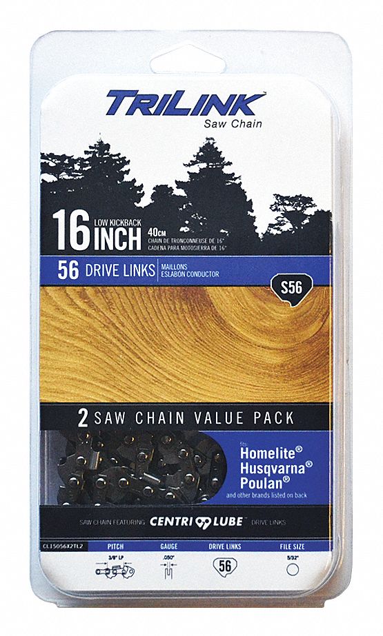 Replacement Saw Chain: 16 in Bar Lg, 5/32 in File Size, 0.05 in Gauge, 3/8 in LP, 2 PK