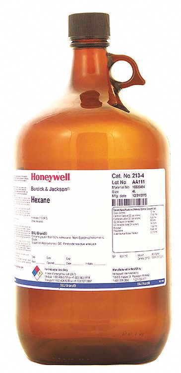 Hexane: HPLC, 4 L, 110-54-3, 0.999, Solvent, Liquid, Bottle, Glass, 18 mo Shelf Life, 4