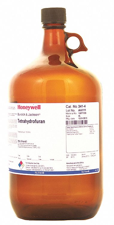 Tetrahydrofuran - Stabilized with BHT: HPLC, 4 L, 109-99-9, 0.1% Concentration, Solvent, Liquid, 4